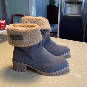 Gray faux suede lug sole boot with faux Shearling lining